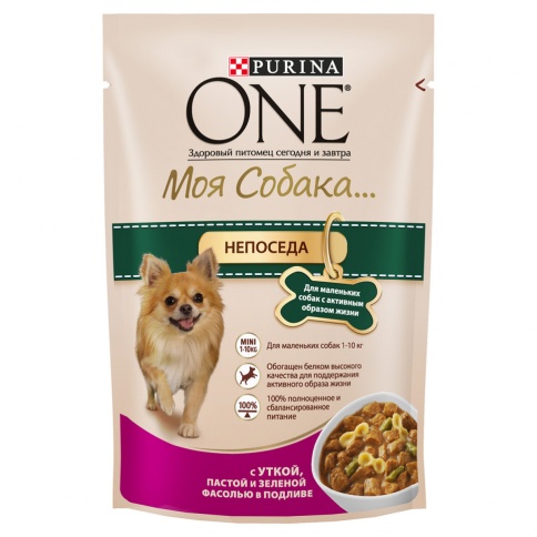 Влажный корм Purina ONE Активная для взрослых собак мелких пород с уткой, пастой и зеленой фасолью - 100 г фото 1