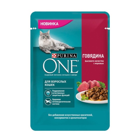 Purina ONE влажный корм для взрослых кошек с говядиной и морковью в паучах - 75 г фото 1