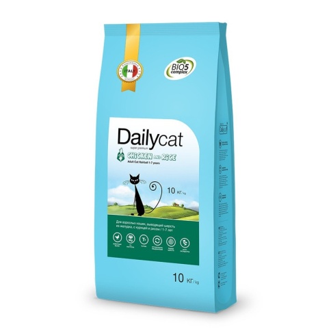 Сухой корм Dailycat Adult Hairball Chicken and Rice для взрослых кошек для вывода шерсти из желудка с курицей и рисом 10 кг фото 1