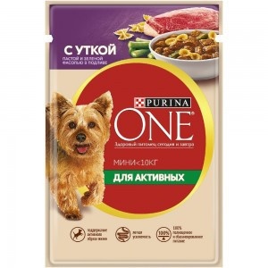 Purina One Mini Актив 85 г пауч консервы для собак, с уткой, пастой и зеленая фасолью в подливе 1х26 фото 1