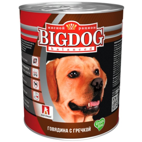 Зоогурман Big Dog Grain line влажный корм для взрослых собак всех пород с говядиной и гречкой - 850 г фото 1