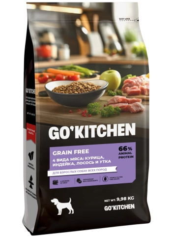 Сухой корм GO'KITCHEN для взрослых собак всех пород с курицей. индейкой, лососем и уткой, 1.59 кг фото 4