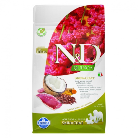 Farmina N&D Dog GF Quinoa Skin & Coat сухой беззерновой корм для взрослых собак для кожи и шерсти с уткой и киноа - 800 г фото 1