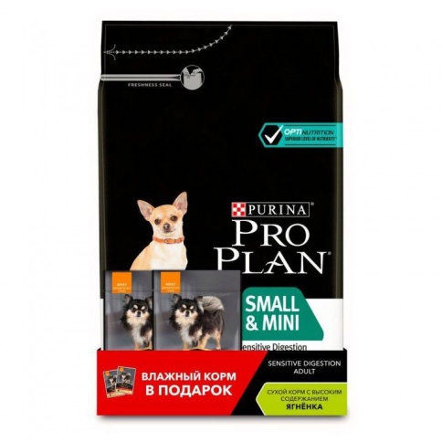 PRO PLAN "Adult Small&Mini Sensitive Digestion" сухой 3 кг + 2х85 г пауча для взрослых собак мелких и карликовых пород с чувствительным пищеварением с ягненком фото 1