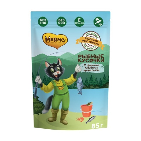 Мнямс Рыбный Фестиваль Рыбные кусочки влажный корм для кошек с лососем, креветками и форелью 85 г фото 1