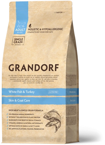 Сухой корм Grandorf Holistic Skin & Coat Care белая рыба с индейкой для взрослых кошек, 2 кг фото 1