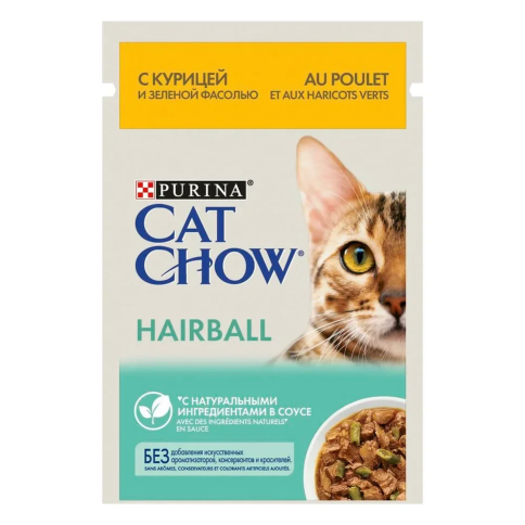 Влажный корм Purina Cat Chow Hairball для взрослых кошек для выведения шерсти из желудка с курицей и зеленой фасолью в соусе в паучах - 85 г фото 1