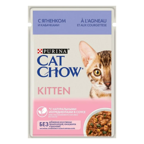 Влажный корм Purina Cat Chow Kitten для котят с ягненком и кабачками в соусе в паучах - 85 г фото 1