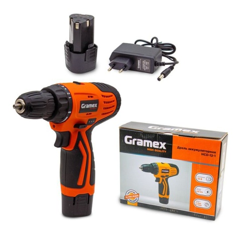 Дрель аккумуляторная Gramex HCD-12-1 (12В, пат-10мм, 2 скорости, аккум Li-Ion 2,0 А/ч) картон, 1 акк (1/20) фото 1