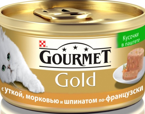 Консервы Gourmet Gold Terrine для взрослых кошек паштет с кусочками с уткой, морковью и шпинатом - 85 г фото 1