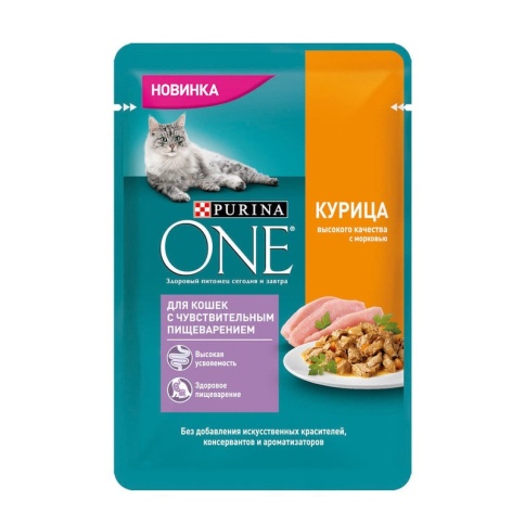 Purina ONE влажный корм для взрослых кошек с чувствительным пищеварением с курицей и морковью в паучах - 75 г фото 1