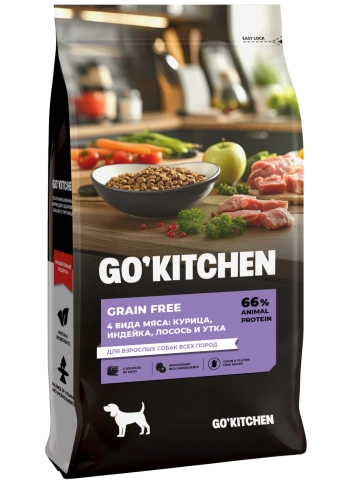 Сухой корм GO'KITCHEN для взрослых собак всех пород с курицей, индейкой, лососем и уткой, 18 кг фото 1