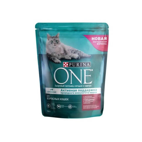 Сухой корм Purina One Adult (для взрослых кошек, с говядиной и цельными злаками) - 750 г фото 1