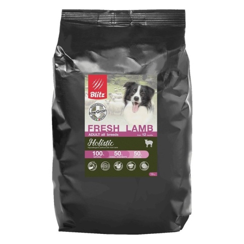 Сухой низкозерновой корм Blitz Adult для взрослых собак с ягненком - 12 кг фото 1