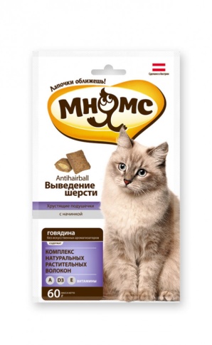 Мнямс хрустящие подушечки Выведение шерсти с говядиной для кошек - 60 г фото 1