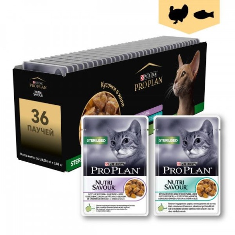 Pro Plan "Sterilised" для стерилизованных кошек MIX Индейка, Рыба ПАУЧ ЖЕЛЕ 85 г x 36 шт фото 1