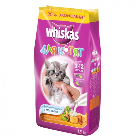 Whiskas сухой корм в форме вкусных подушечек с молоком, индейкой и морковью для котят от 2 до 12 месяцев - 1,9 кг фото 1