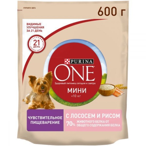 PURINA ONE "МИНИ Чувствительная" для взрослых собак мелких пород с чувствительным пищеварением, с лососем и рисом 600 г фото 1