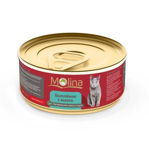 Влажный корм Molina для взрослых кошек с цыпленком и манго в соусе в консервах - 80 г фото 1