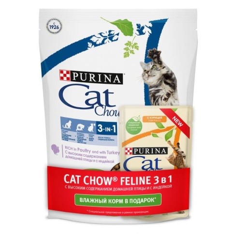Сухой корм Purina Cat Chow Feline 3 in 1 для кошек с формулой тройного действия с домашней птицей - 400 г + пауч 485 г фото 1
