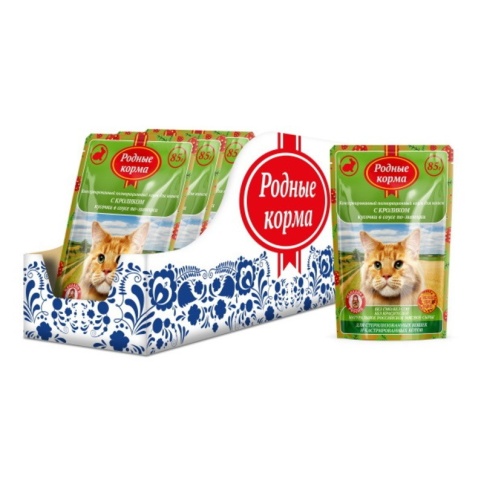 Родные корма полнорационный корм для кошек с кроликом кусочки в соусе по-липецки 1х32 пауч 85 г фото 1