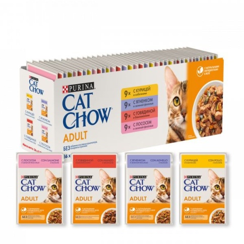 CAT CHOW Мультипак Adult 36x85 г: с курицей и кабачками; с говядиной и баклажанами; с лососем и зеленой фасолью; с ягненком и зеленой фасолью фото 1
