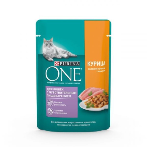 Purina One Sensitive Курица (Паучи для кошек с чувствительным пищеварением, с курицей и морковью) 75г х 26шт фото 1