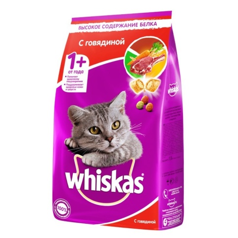 Whiskas сухой корм в виде подушечек с паштетом для кошек с говядиной 1,9 кг фото 1