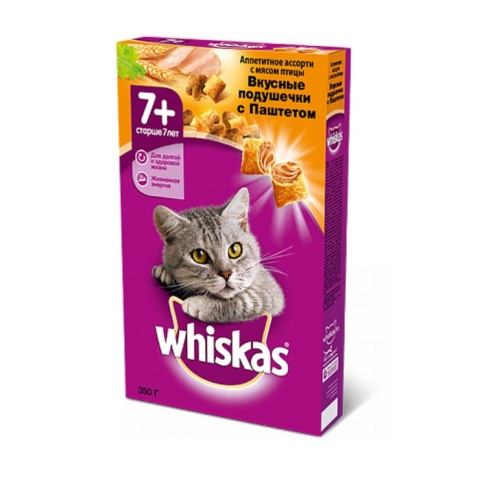 Whiskas сухой корм в форме подушечек с паштетом, аппетитное ассорти с мясом птицы для пожилых кошек старше 7 лет - 350 гр фото 2