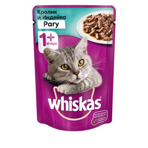 Whiskas паучи в форме рагу с кроликом и индейкой для взрослых кошек от 1 года - 85 г фото 1