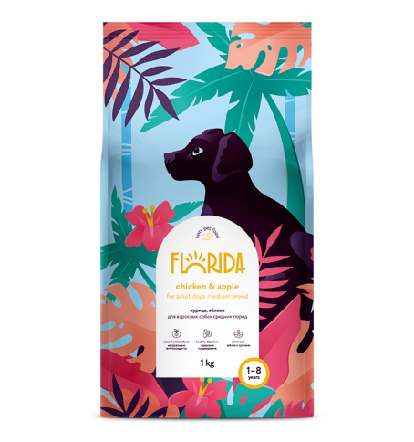 Florida сухой корм для взрослых собак средних пород с курицей и яблоком 3 кг фото 1