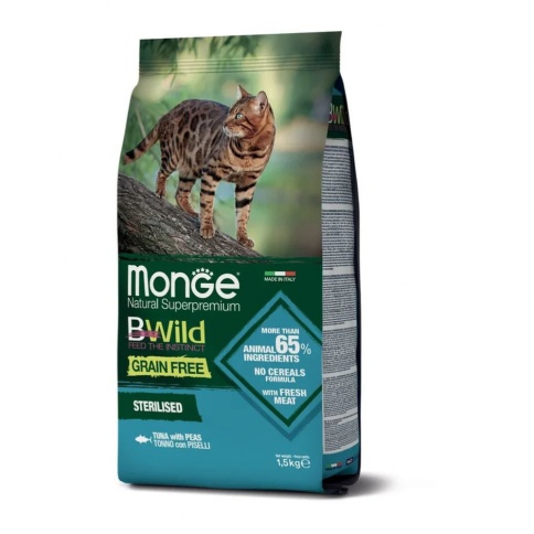 Monge Cat BWild Grain Free сухой беззерновой корм для взрослых кошек из тунца и гороха - 1,5 кг фото 1