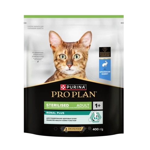 Сухой корм Purina Pro Plan Sterilised Adult Renal Plus для здоровья почек стерилизованных кошек, с кроликом, 400 г фото 1