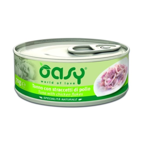 Oasy Wet cat Specialita Naturali Tuna Chicken flake дополнительное питание для кошек с тунцом и курицей в консервах - 70 г (1 шт) фото 1