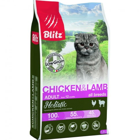 Blitz Holistic Cat Adult сухой низкозерновой корм для взрослых кошек с курицей и ягненком - 1,5 кг фото 1