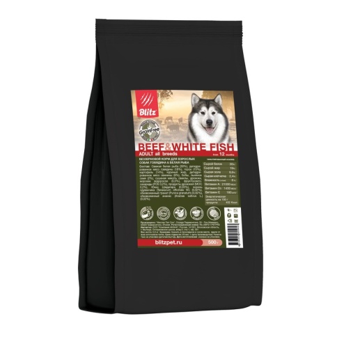 Сухой беззерновой корм Blitz Adult для взрослых собак с говядиной и белой рыбой - 500 г фото 1