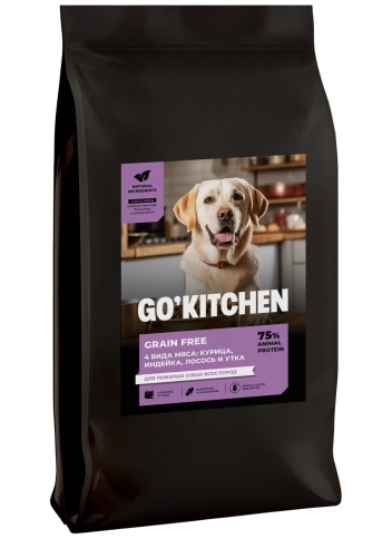 Сухой корм GO'KITCHEN для пожилых собак всех пород с курицей, индейкой, лососем и уткой, 9.98 кг фото 3