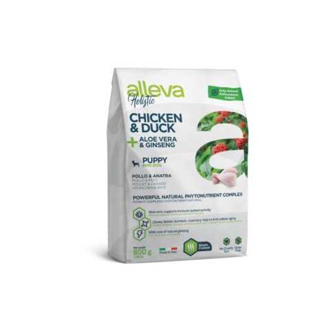 Alleva Holistic Puppy/Junior Chicken & Duck Mini сухой корм для щенков и юниоров с курицей и уткой, алое вера и женьшенем - 800 г фото 1