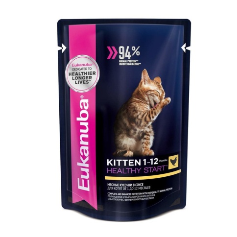 Влажный корм Eukanuba Kitten 1-12 Month with Chicken для котят с кусочками курицы в соусе - 85 г фото 2
