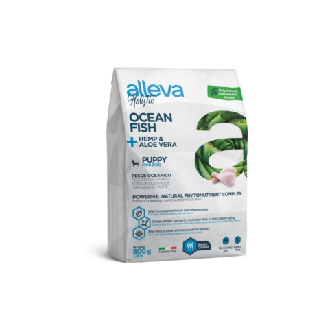 Alleva Holistic Puppy/Junior Ocean Fish Mini сухой корм для щенков и юниоров с океанической рыбой, коноплей и алое вера - 800 г фото 1