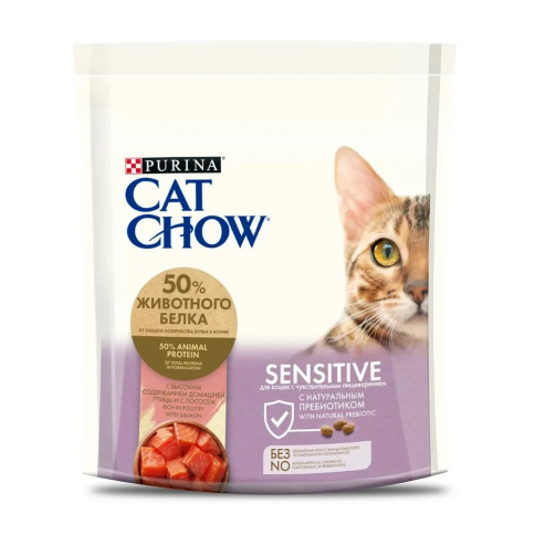 Сухой корм Purina Cat Chow Adult Sensitive для кошек с чувствительным пищеварением с лососем и домашней птицей - 400 г фото 1