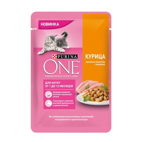 Purina ONE влажный корм для котят с курицей и морковью в паучах - 75 г фото 1