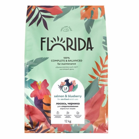 Florida сухой корм для взрослых стерилизованных кошек с лососем и черникой 12 кг фото 1