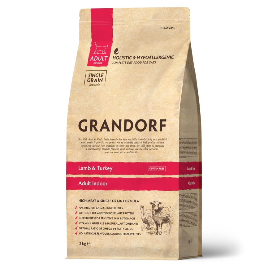 Сухой корм Grandorf Indoor Lamb & Turkey для домашних кошек, с ягнёнком и индейкой, 2 кг фото 1