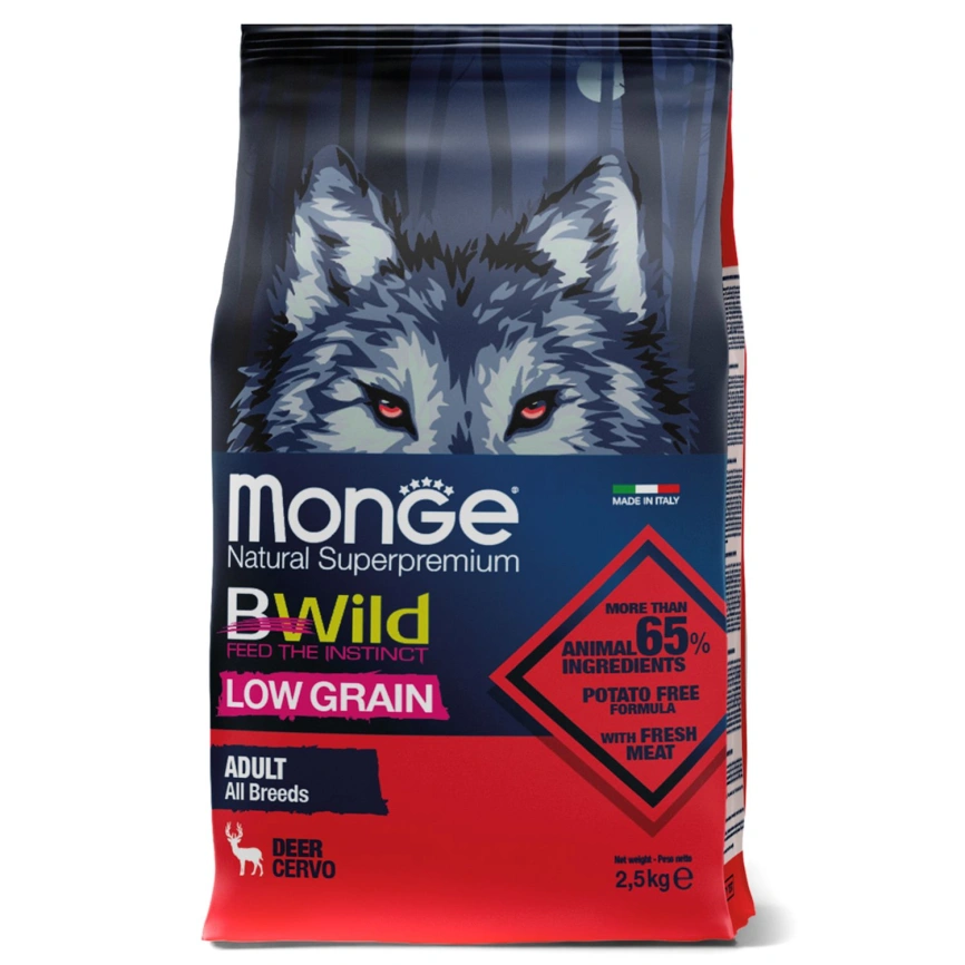 Сухой корм Monge Dog BWild LOW GRAIN Venison для взрослых собак с олениной, 2,5 кг фото 1