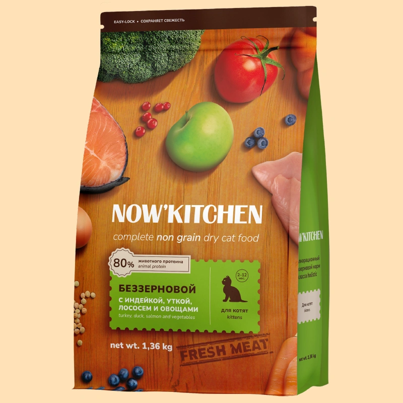 Сухой корм NOW'KITCHEN Fresh Kitten для котят со свежей индейкой, уткой, лососем и овощами, 1.36 кг фото 1
