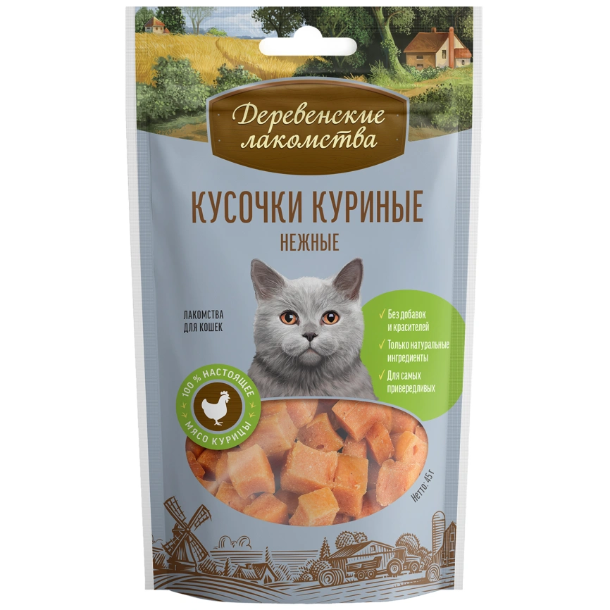Лакомство «Деревенские лакомства» кусочки куриные нежные для кошек, 45 г фото 1