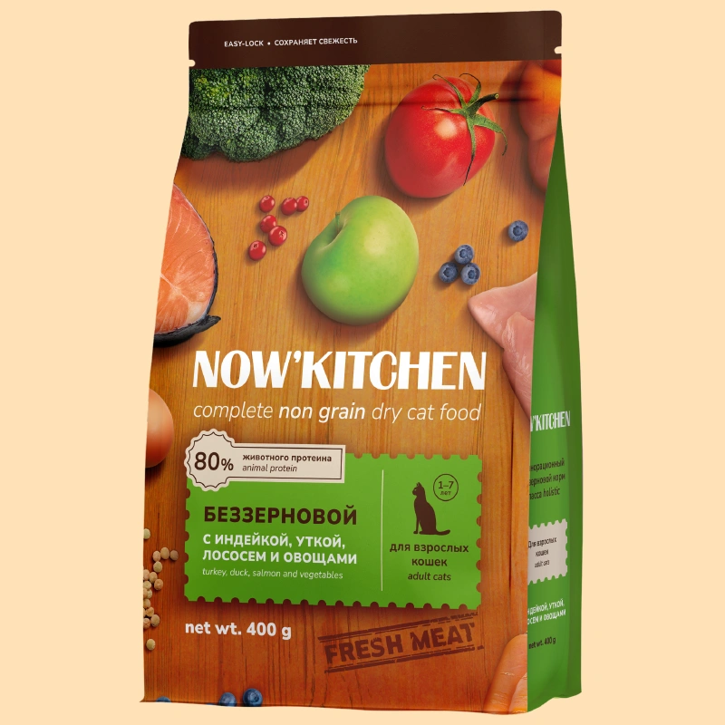 Сухой корм NOW'KITCHEN Fresh Adult для взрослых кошек со свежей индейкой,уткой,лососем и овощами, 400 г фото 1