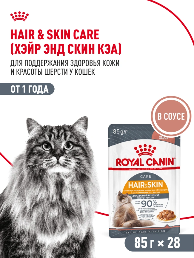 Влажный корм Royal Canin Hair &amp; Skin Care в соусе для взрослых кошек старше 1 года, пауч, 85 г фото 16