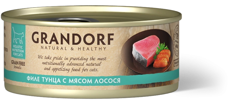 Влажный корм консервы Grandorf Tuna with salmon in broth Филе тунца с мясом лосося в бульоне, 70 г фото 1